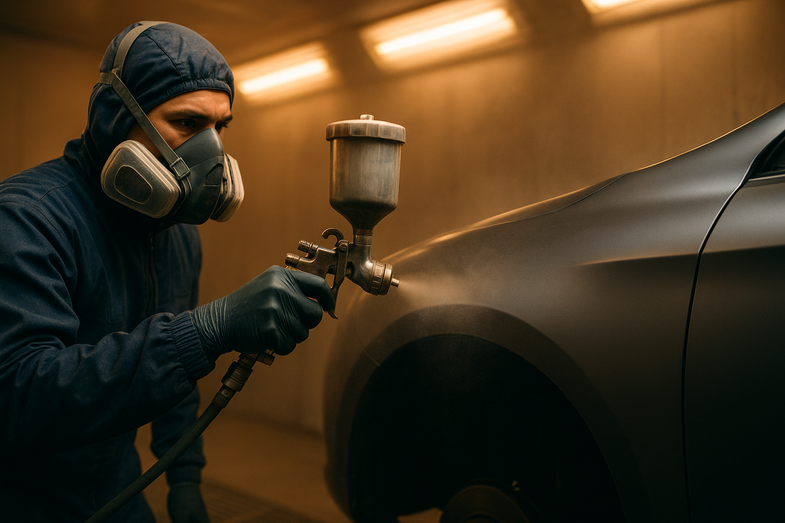 Technician performing precision paint matching during collision repair at a Brea body shop