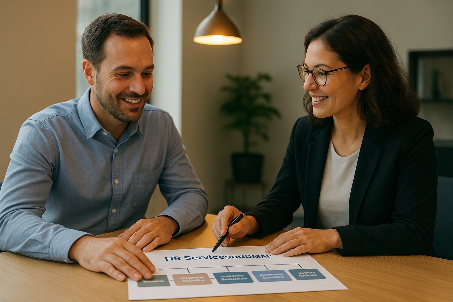 Small business owner and HR advisor discussing outsourced HR consulting services and a growth roadmap