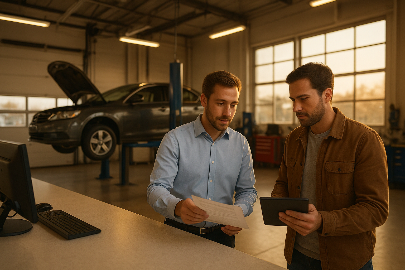 Hero image showing the best body shop for insurance claims with advisor and driver reviewing paperwork