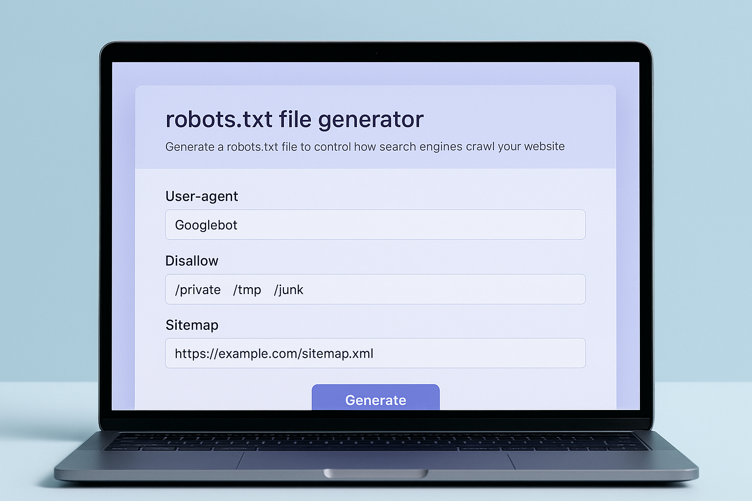 robots txt file generator tool interface on a laptop screen with crawl directive fields