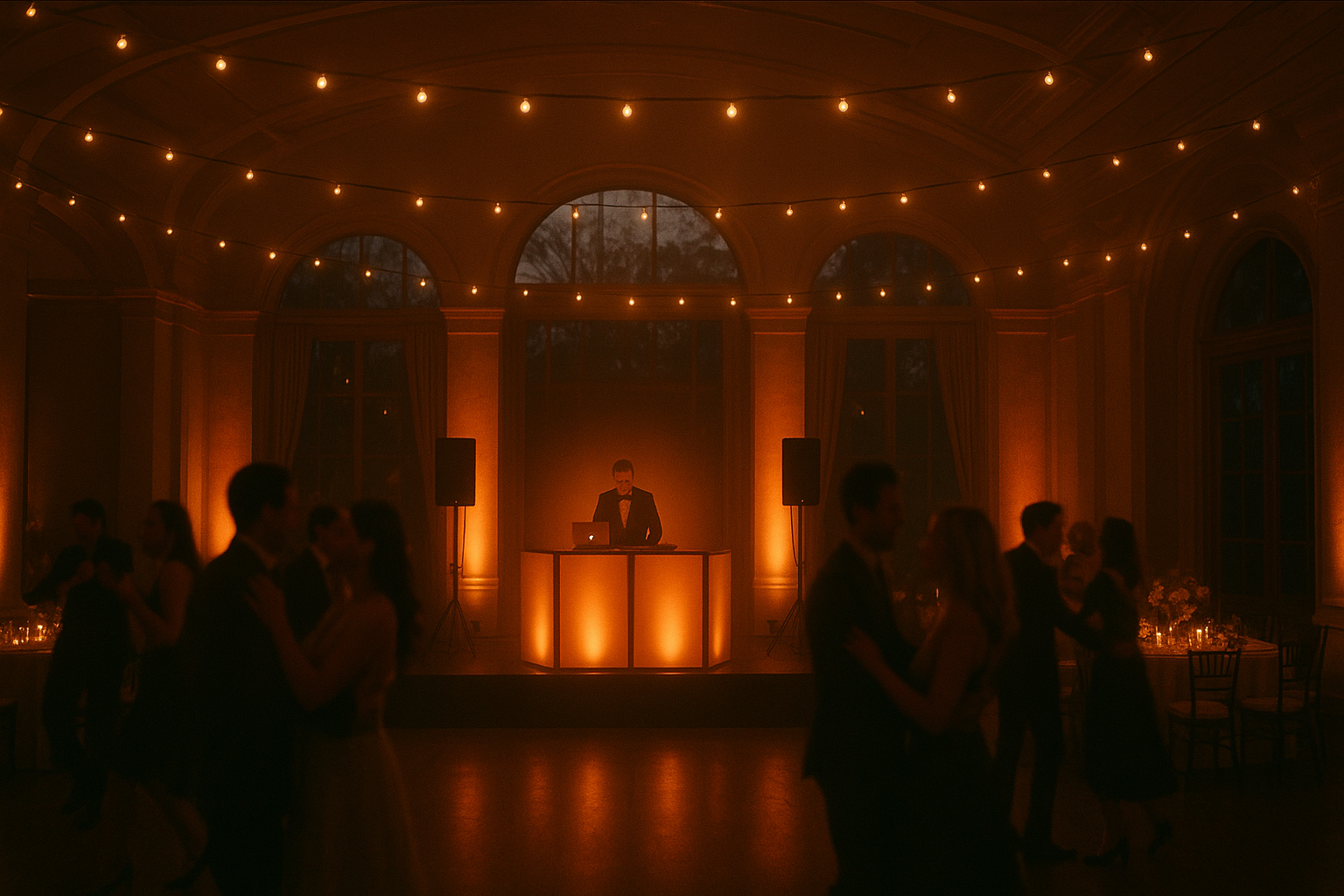 Wedding DJ Jasper IN setup with warm uplighting at an evening reception