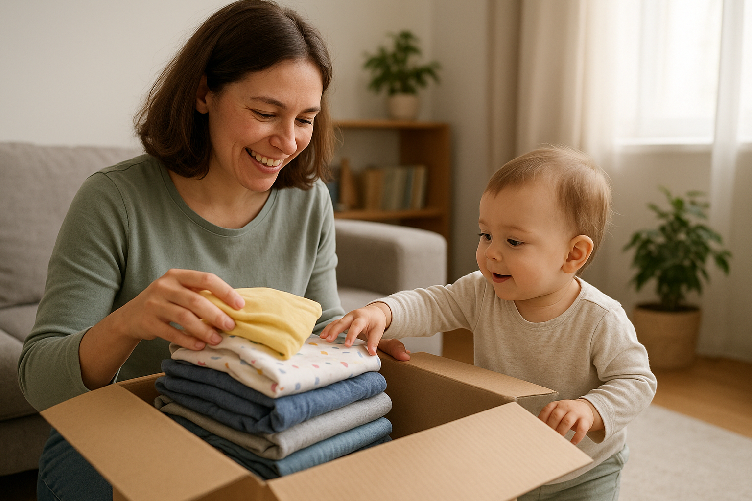Parent and toddler unboxing a monthly children's clothing rental delivery at home