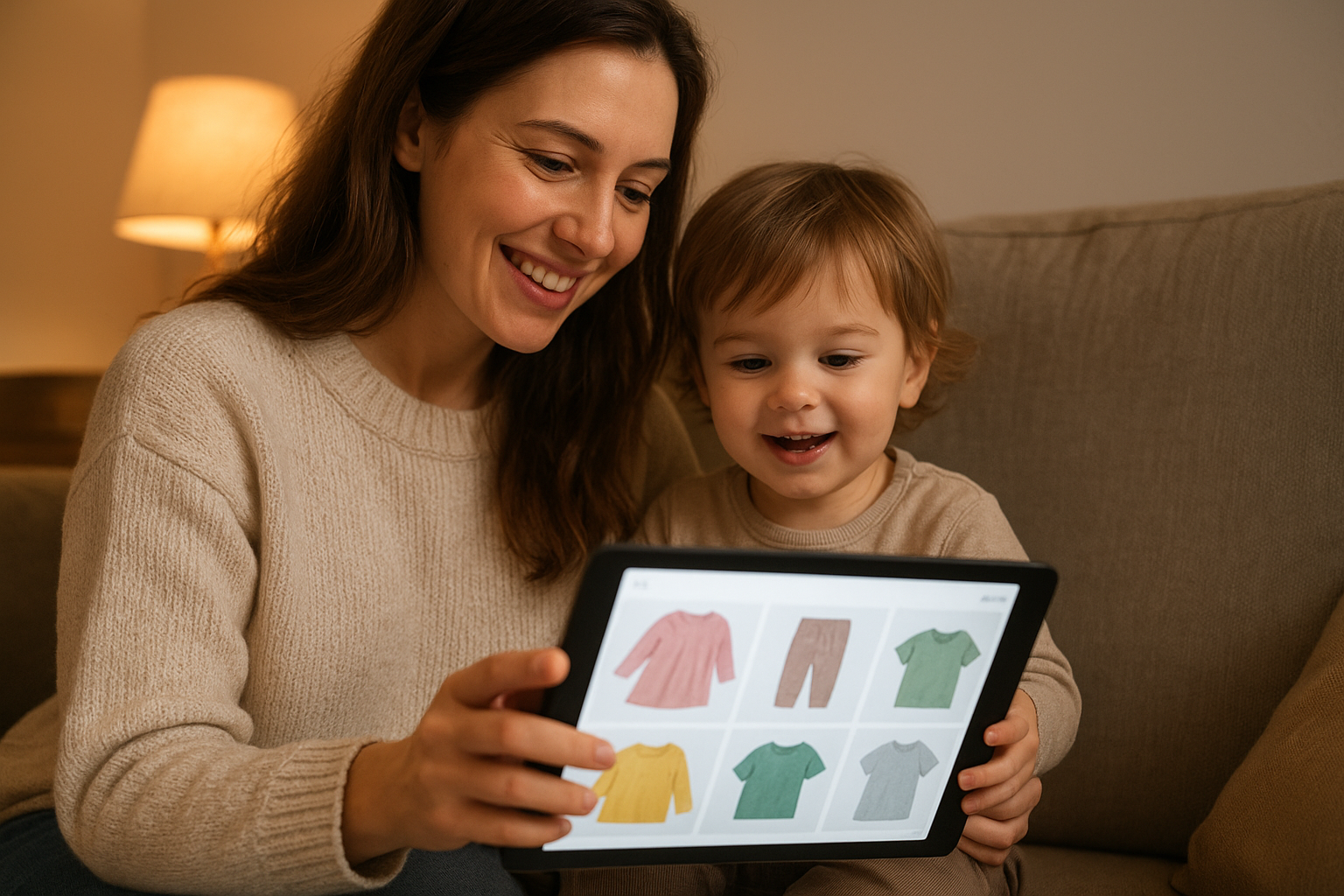 Mother and child browsing affordable children's clothing options on a tablet at home, comparing prices online