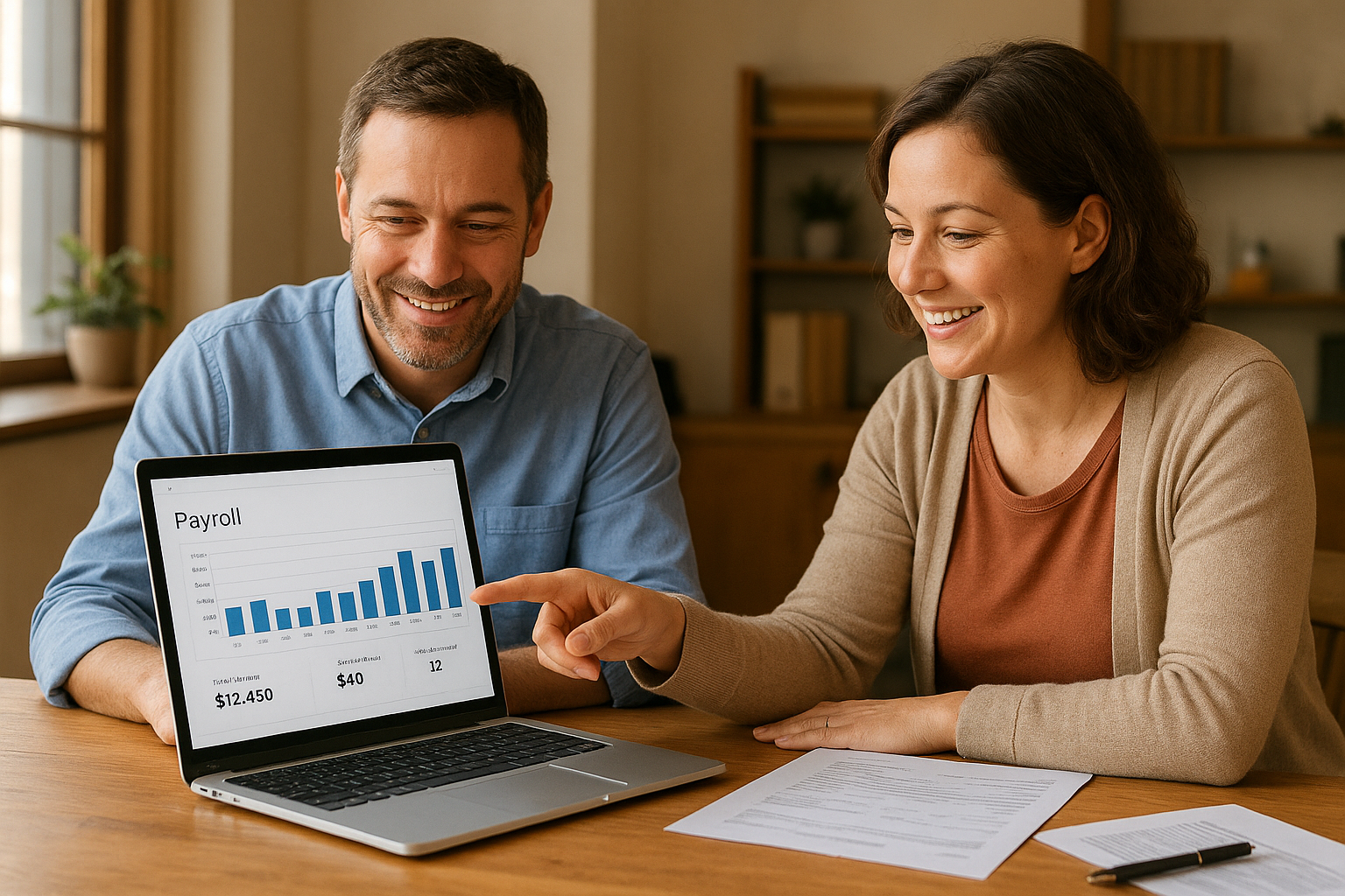 Bookkeeper and small business owner reviewing payroll dashboard together