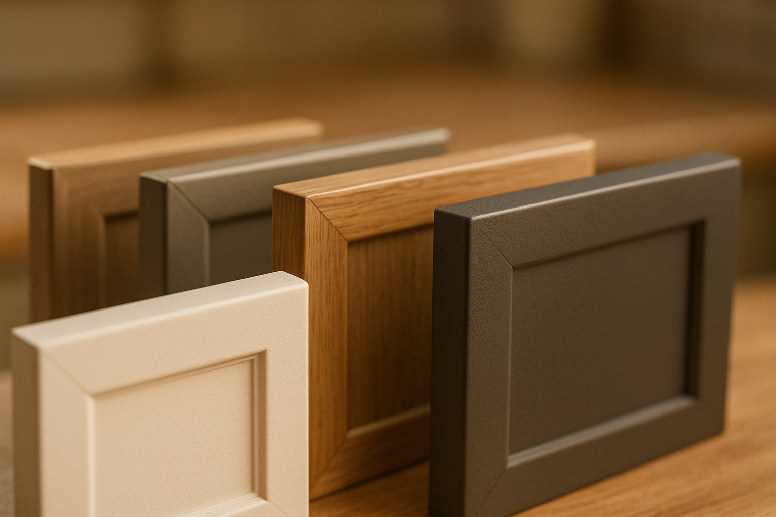 Samples of durable cabinet finishes showing satin and matte textures