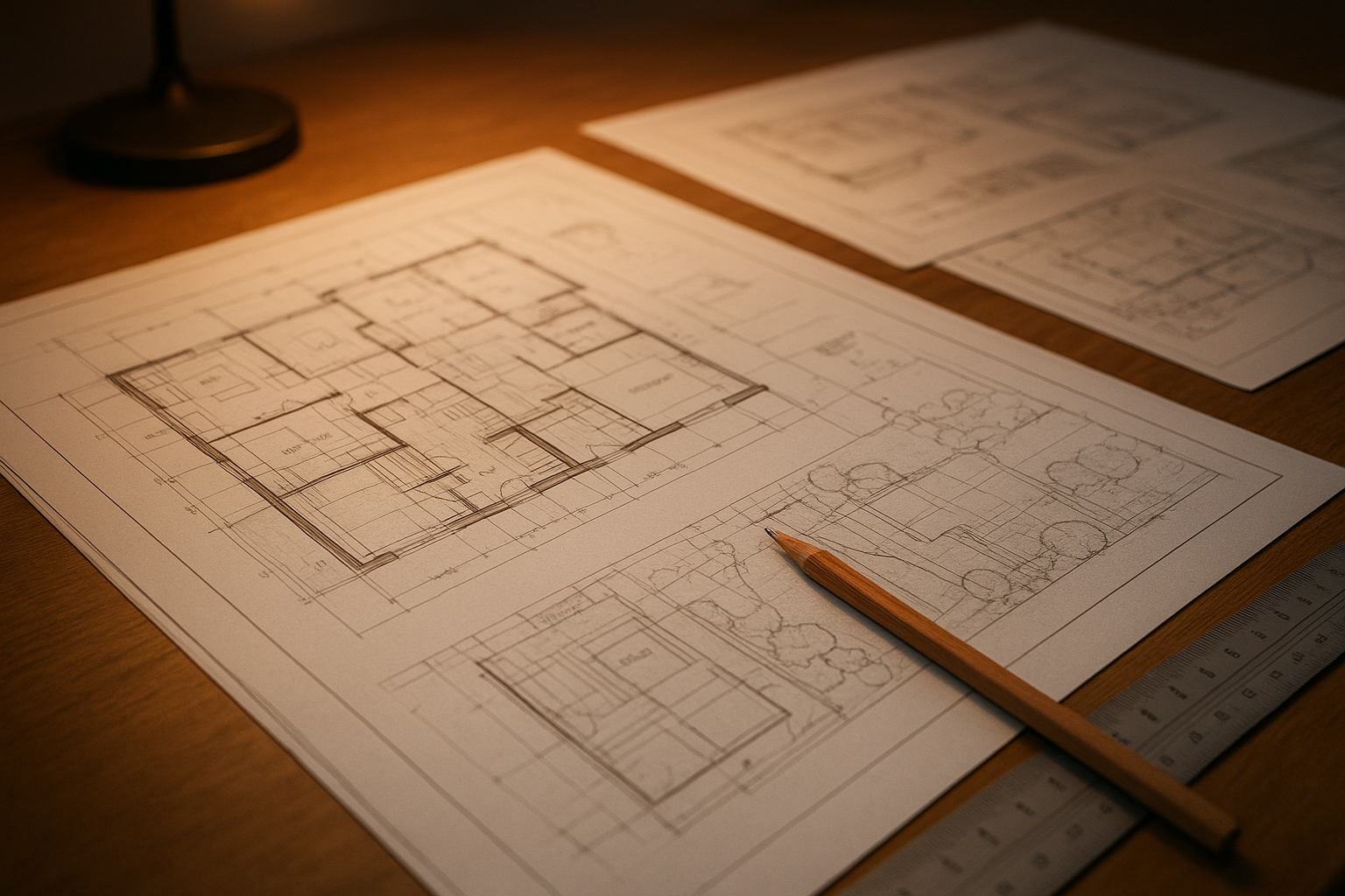 Detailed ADU architectural drawings on a drafting table representing the permit package preparation stage