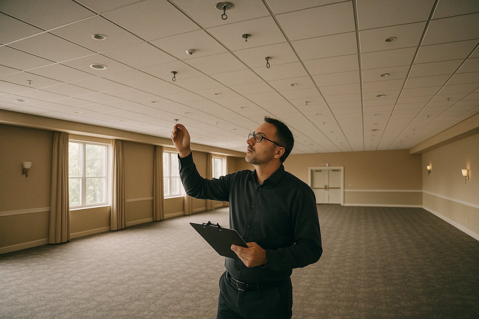 AV consultant performing a venue walk-through inspection before an Evansville corporate event