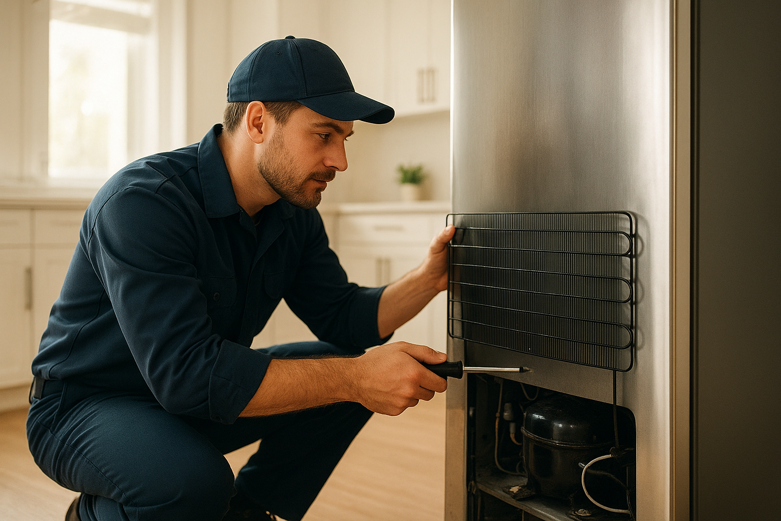 Technician performing appliance repair near me service on a refrigerator in a Santa Rosa kitchen
