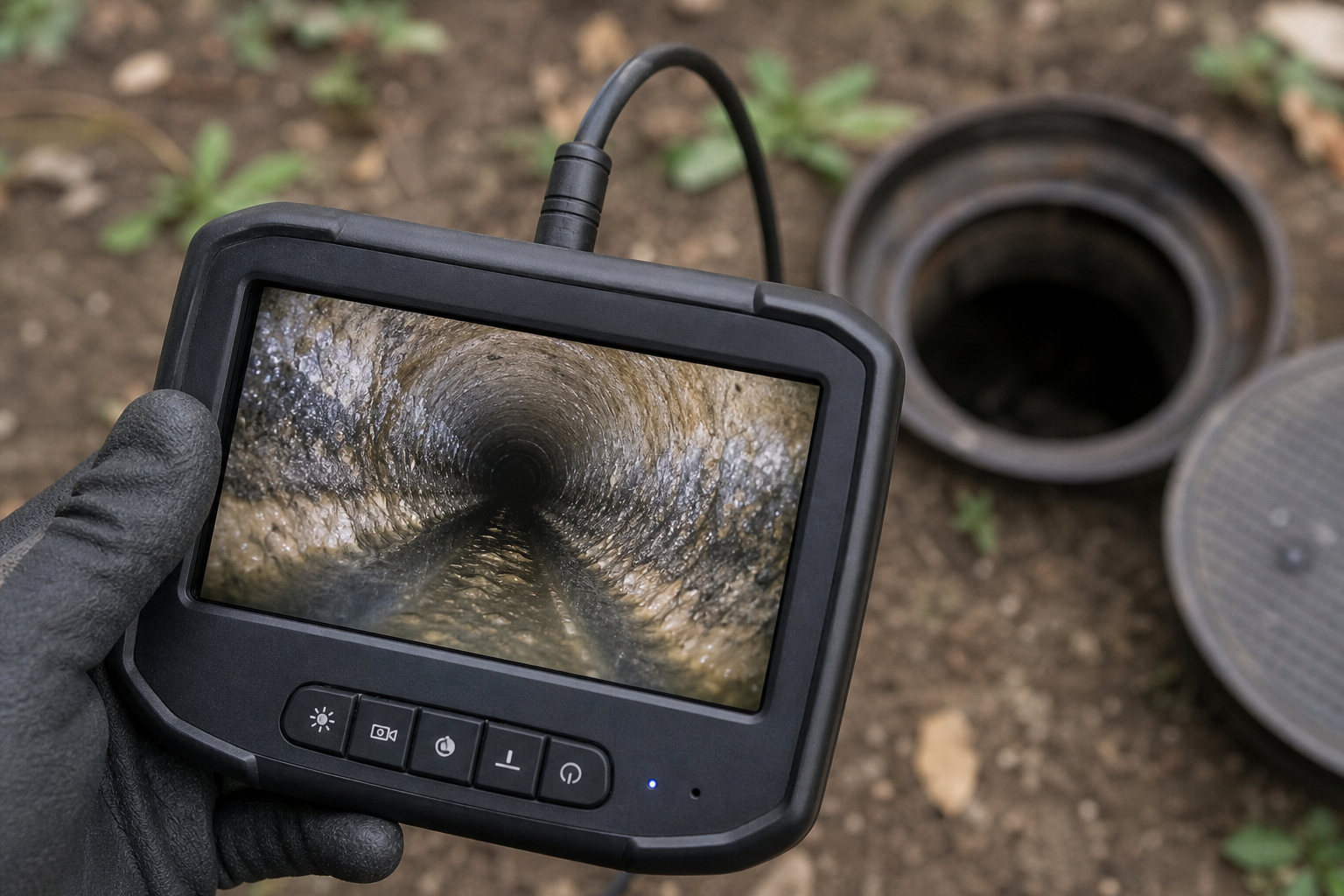 Technician reviewing live footage on a monitor during a pipe inspection in Terrell