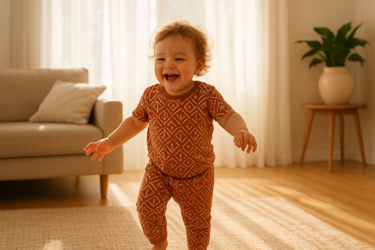 Toddler wearing premium children's clothing from a kids wardrobe rental subscription at home