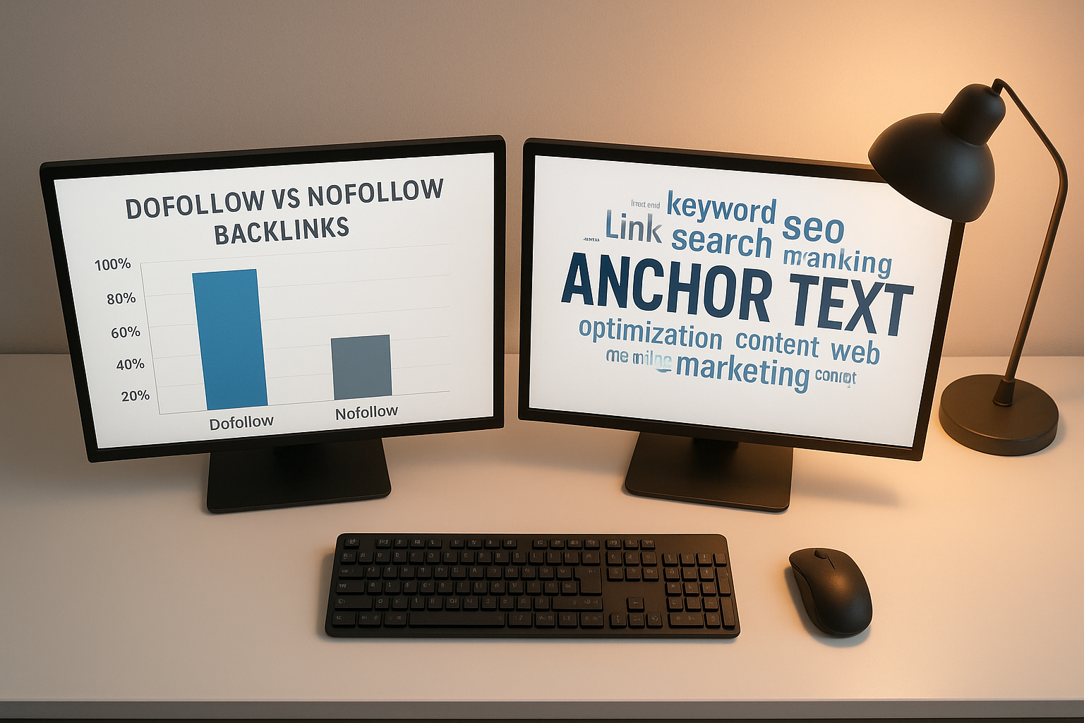 Side-by-side screens showing dofollow versus nofollow backlink ratio chart and anchor text word cloud