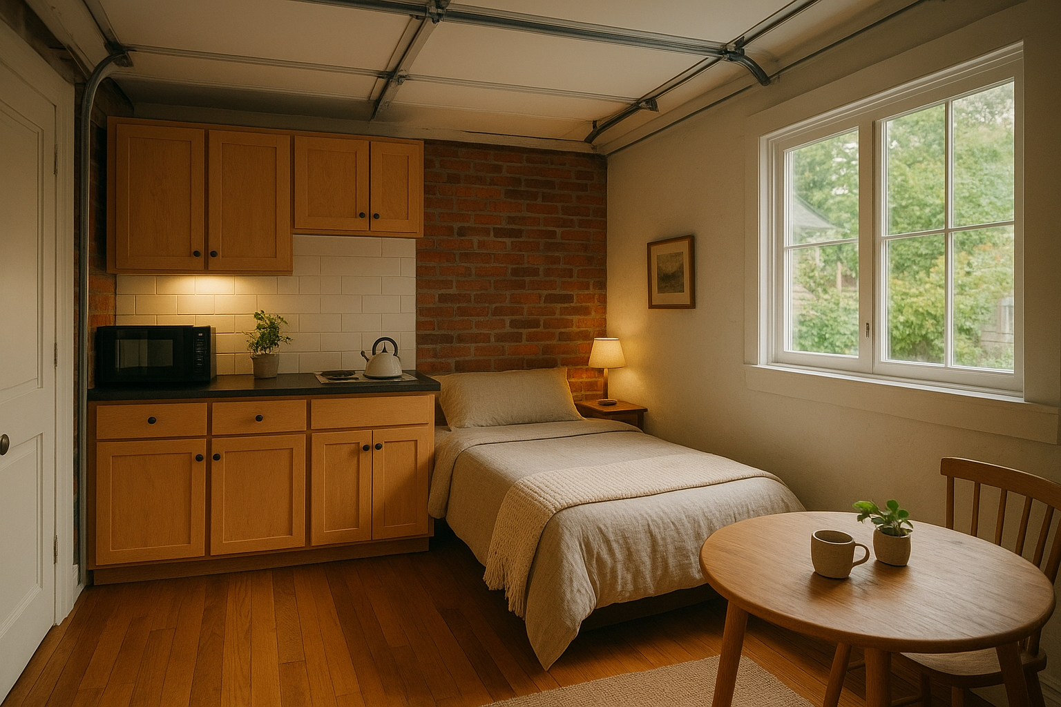 Garage conversion ADU interior with kitchenette and natural light
