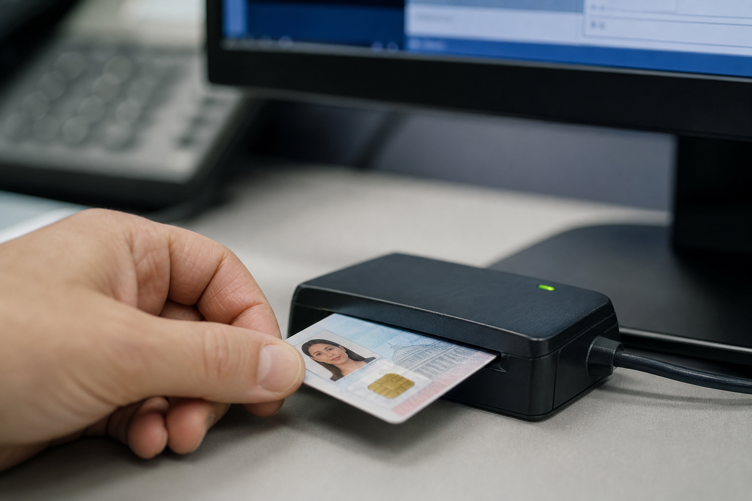 Close-up of a smart card reader authenticating a government identity card for secure system access