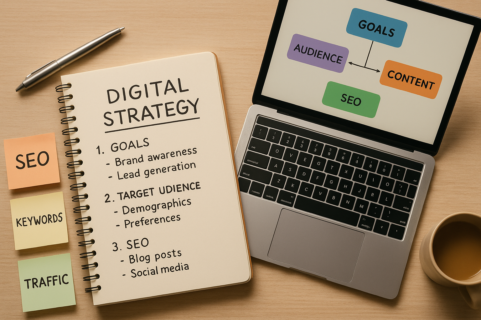 Content strategy planning workspace showing structured outlines and schema diagrams for optimizing AI search visibility