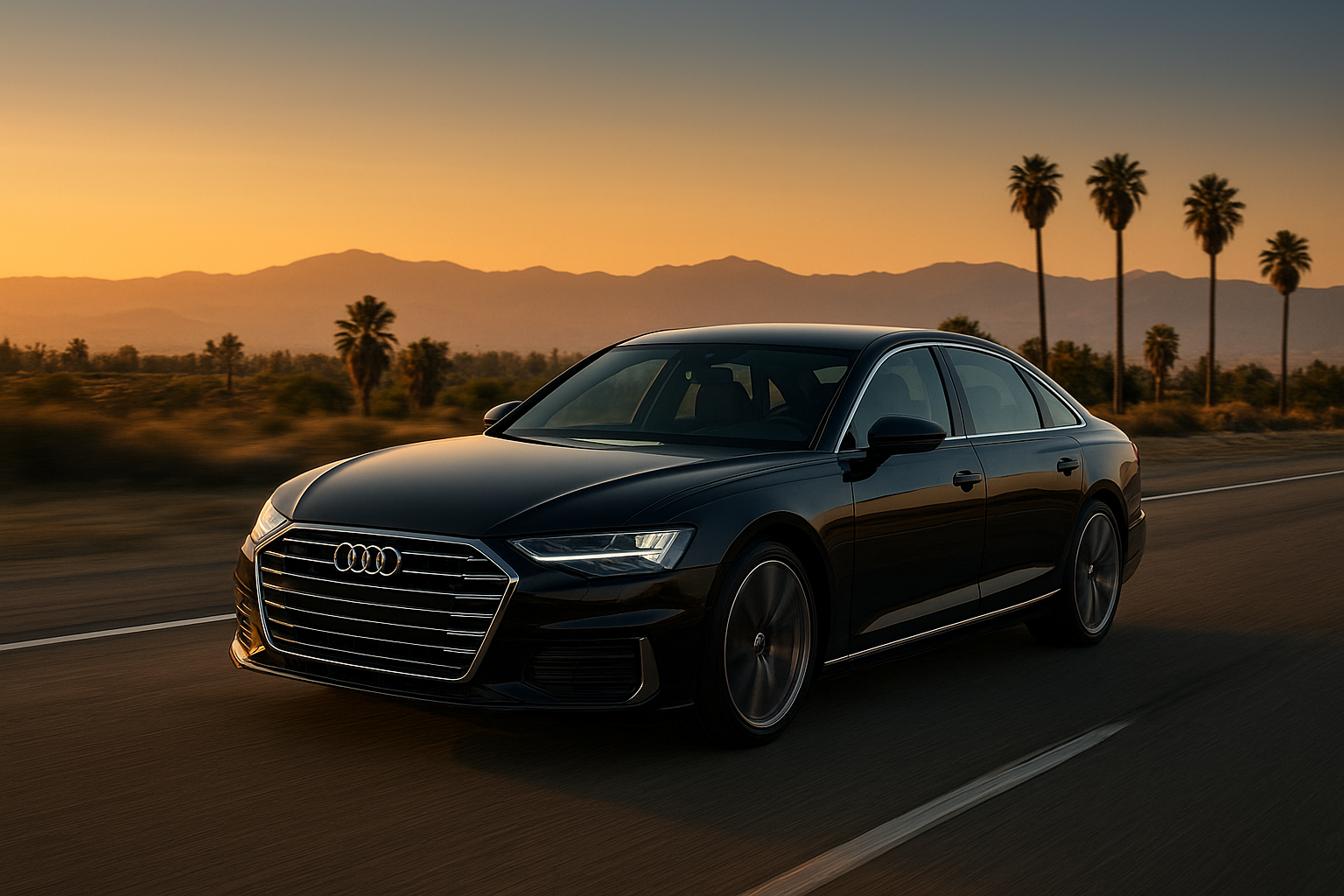 Executive sedan on the highway representing a Riverside to Santa Barbara car service route