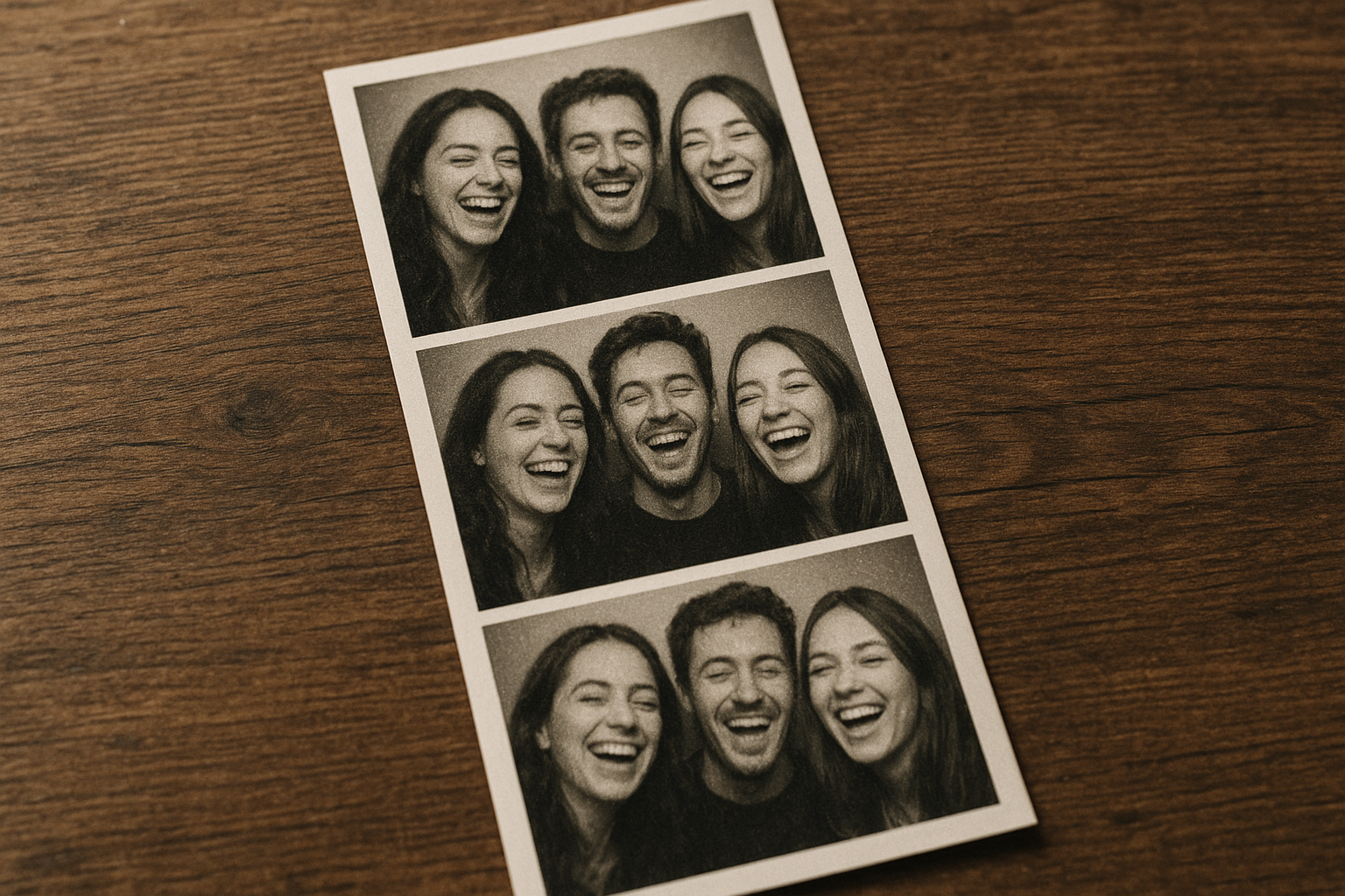 Printed black and white photo booth strip showing friends laughing together