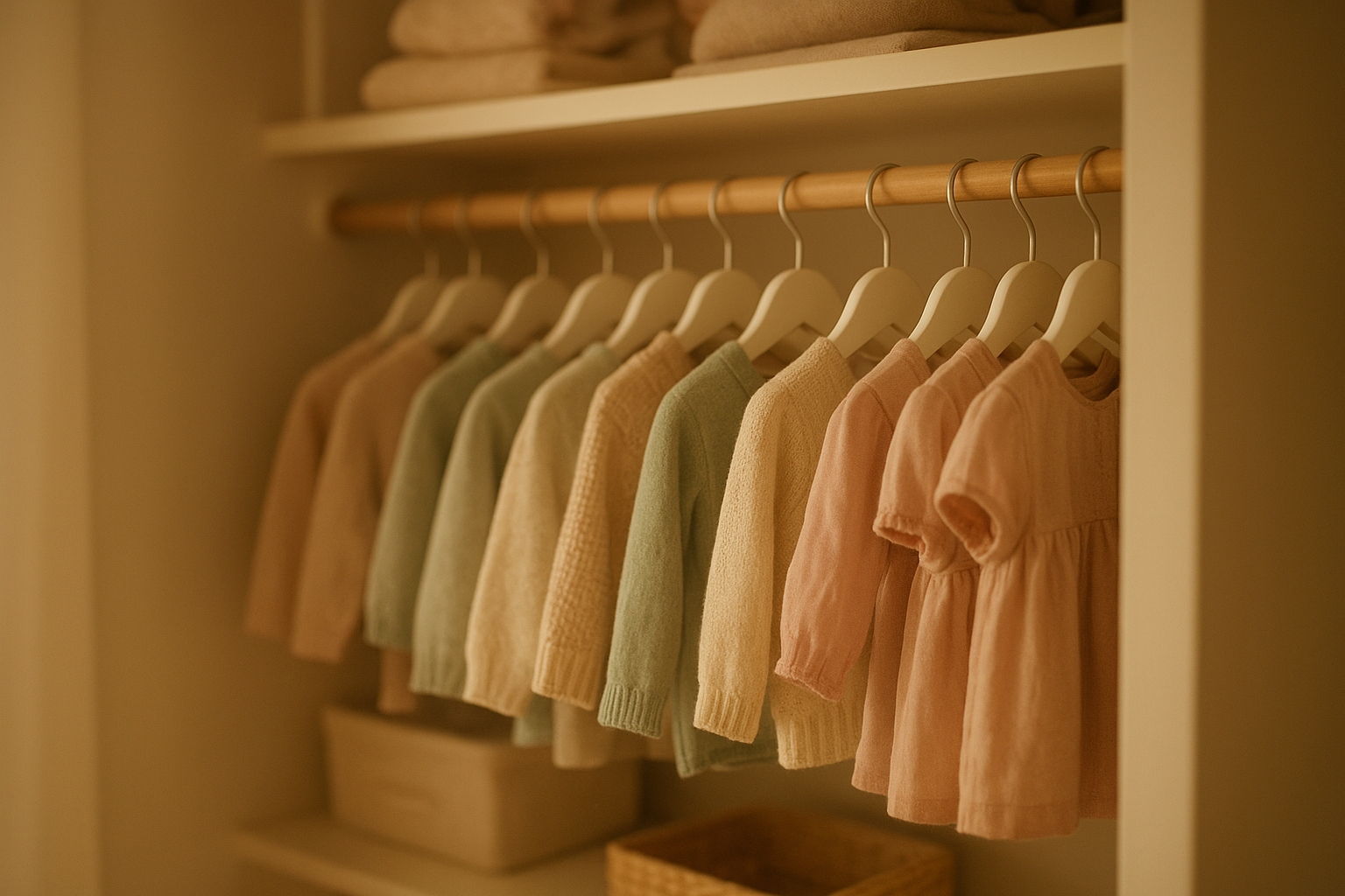 Organized closet showing a children's wardrobe rental rotation of seasonal outfits