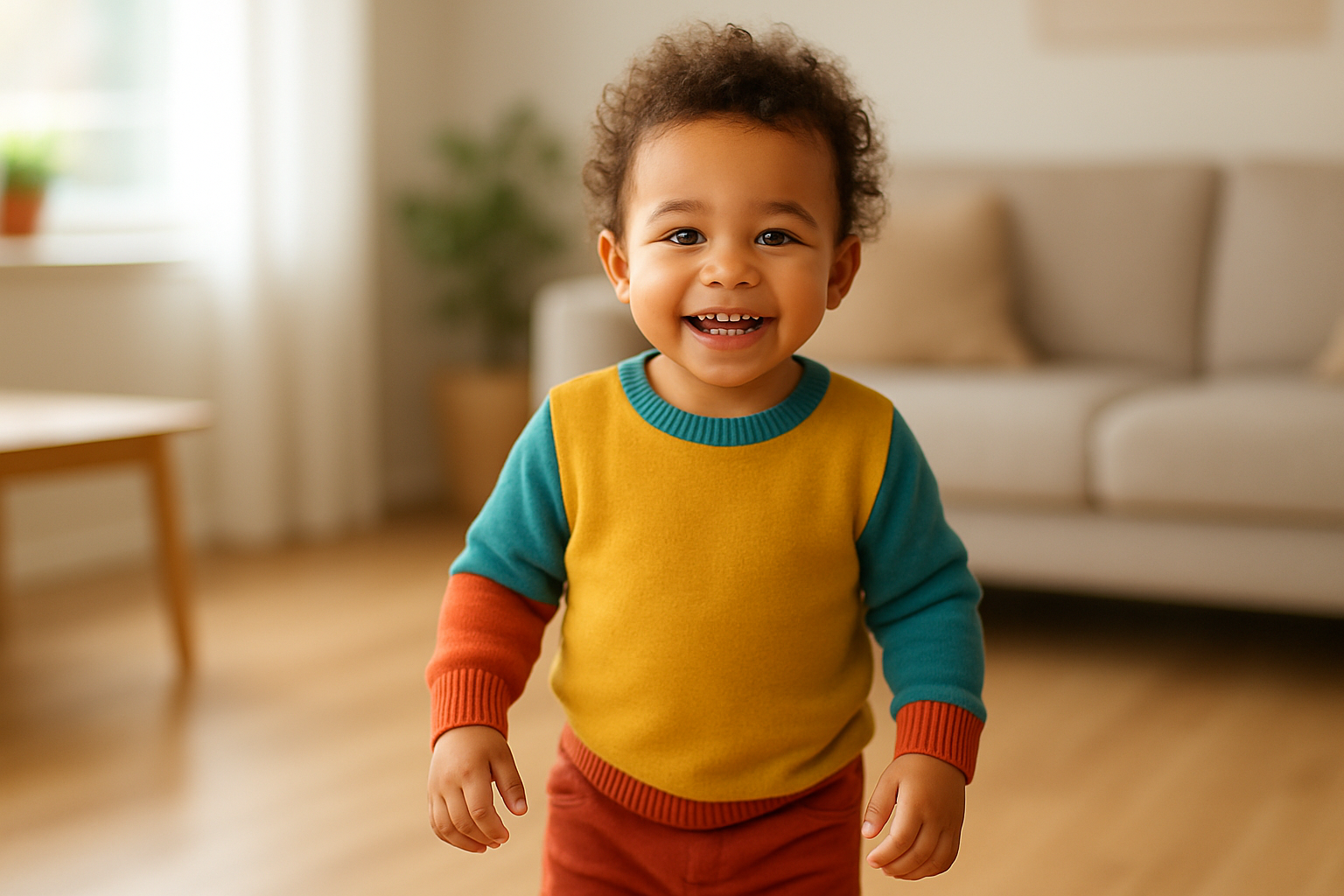 Happy young child wearing stylish rented kids clothes from an online subscription service