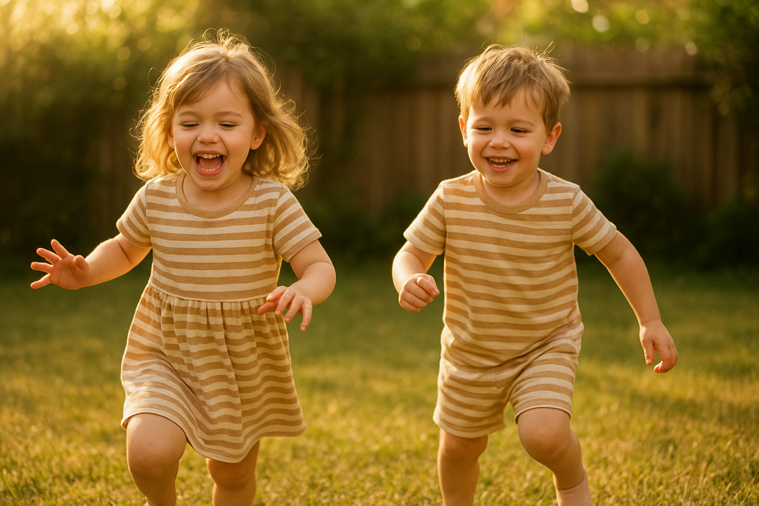 Children wearing stylish outfits from a children's clothing rental membership outdoors