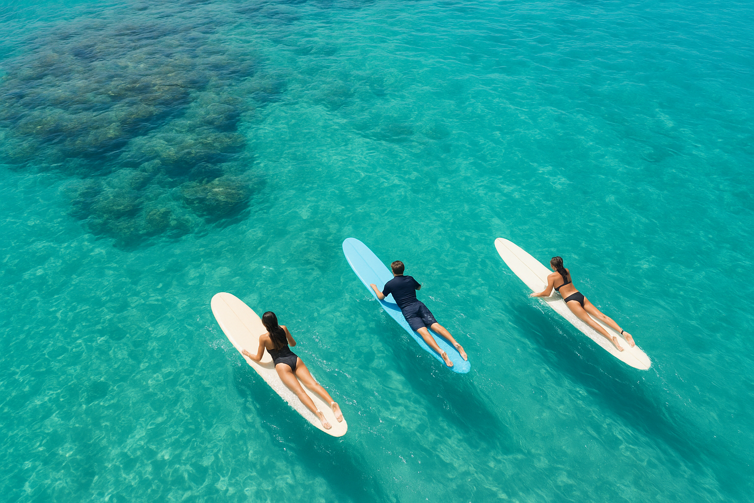 Small group beginner surf class practicing eco-friendly ocean etiquette in Waikiki