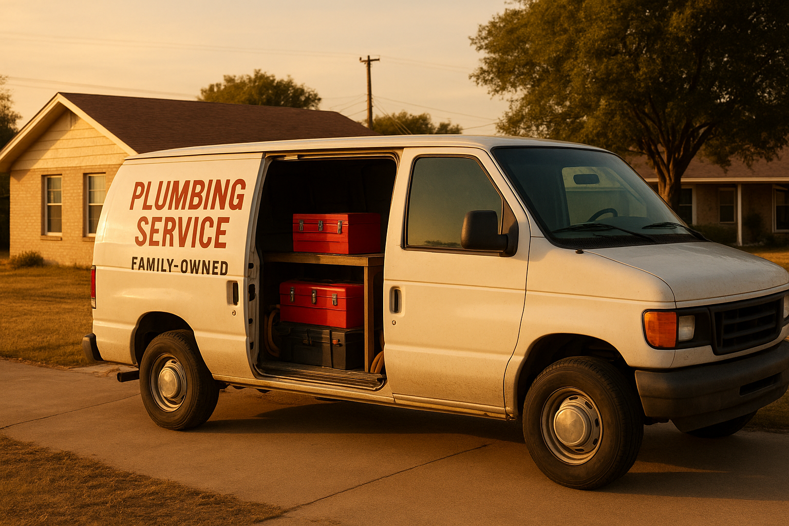 0eff939b_plumbing-service-van-terrell Family-owned plumbing service van parked outside a home in Terrell Texas before a repair visit