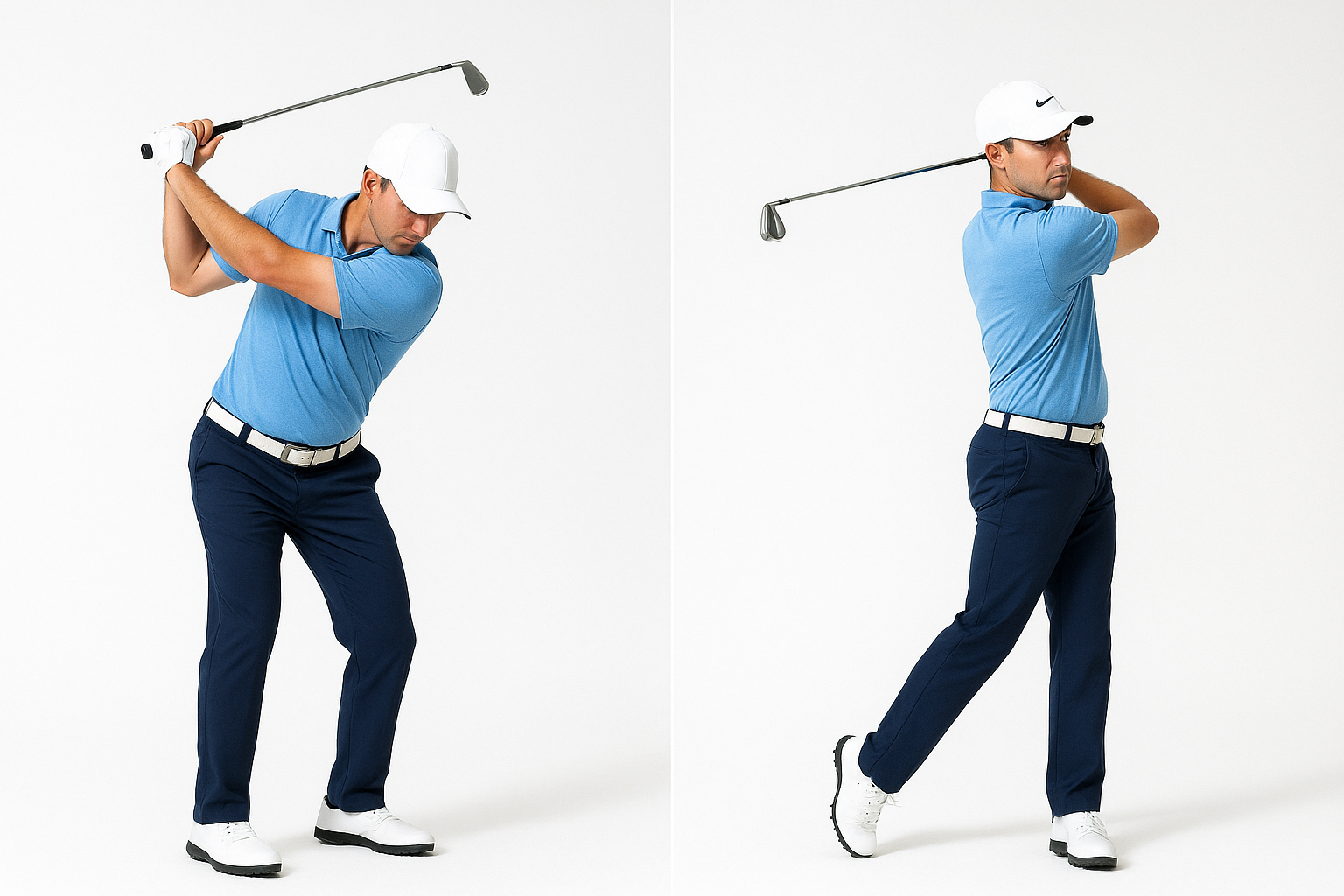 Split-screen comparison showing backswing and follow-through positions for swing mechanics breakdown
