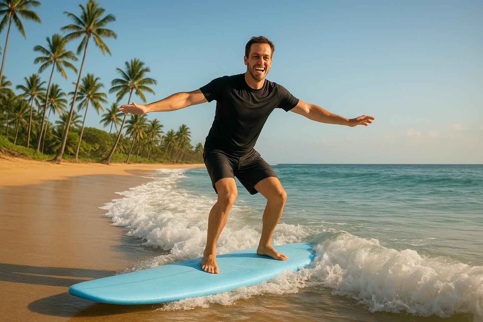 Adult beginner successfully riding a wave during a surf lesson using proper teaching surfing techniques