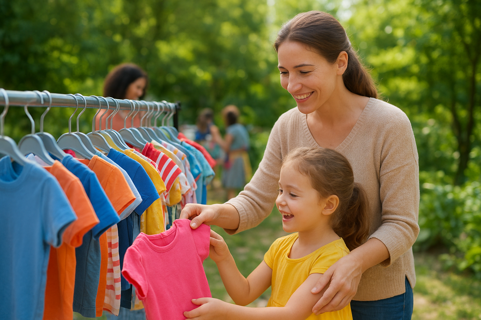 Mother and daughter browsing pre-loved clothes at a family clothing swap event
