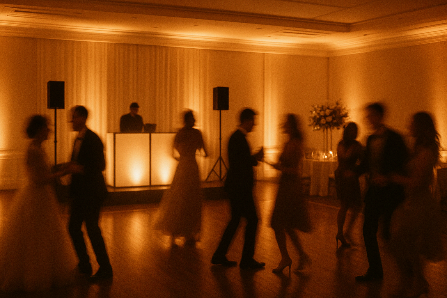 Wedding reception dance floor lit by a rented sound and lighting system