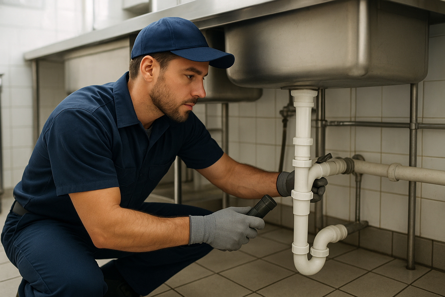 0f384b21_commercial-plumber-kaufman-county Commercial plumber Kaufman County technician inspecting pipework in a business kitchen