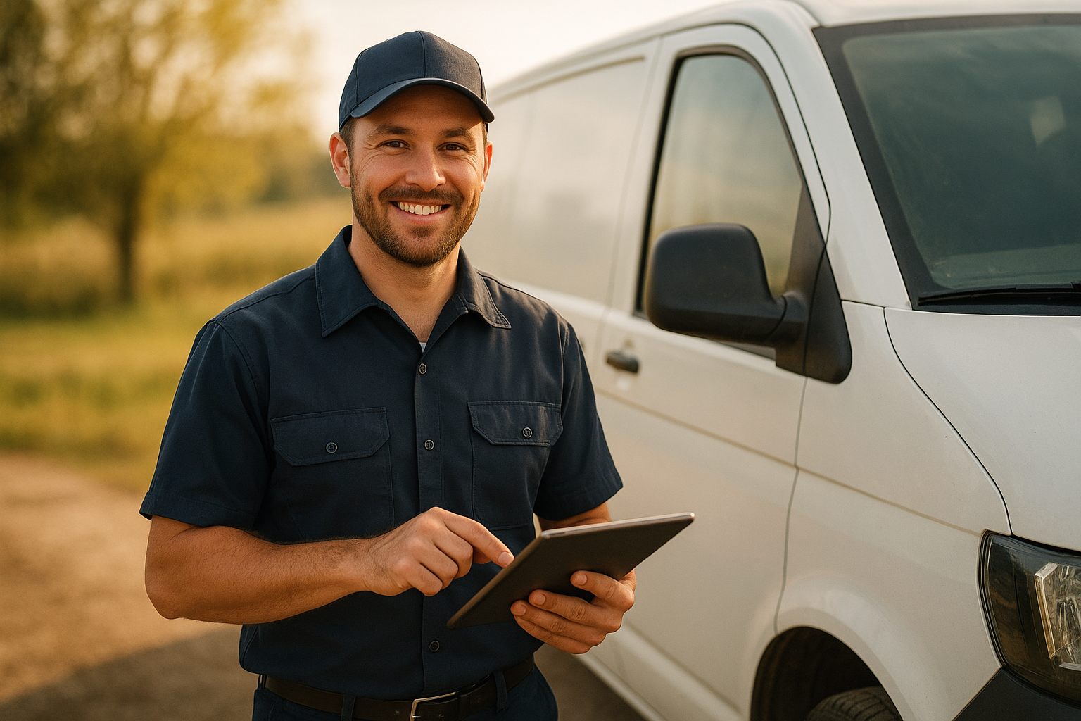 Technician using a tablet to send estimates faster than competitors from the job site