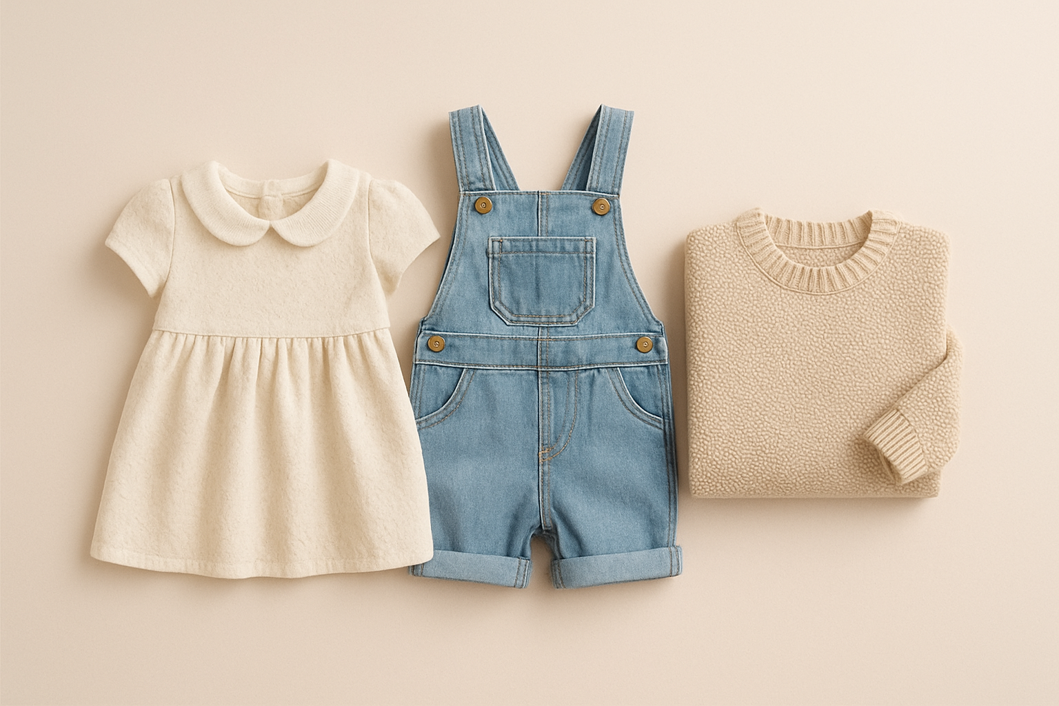 Flat lay of curated fashion outfit rental for children with folded clothing
