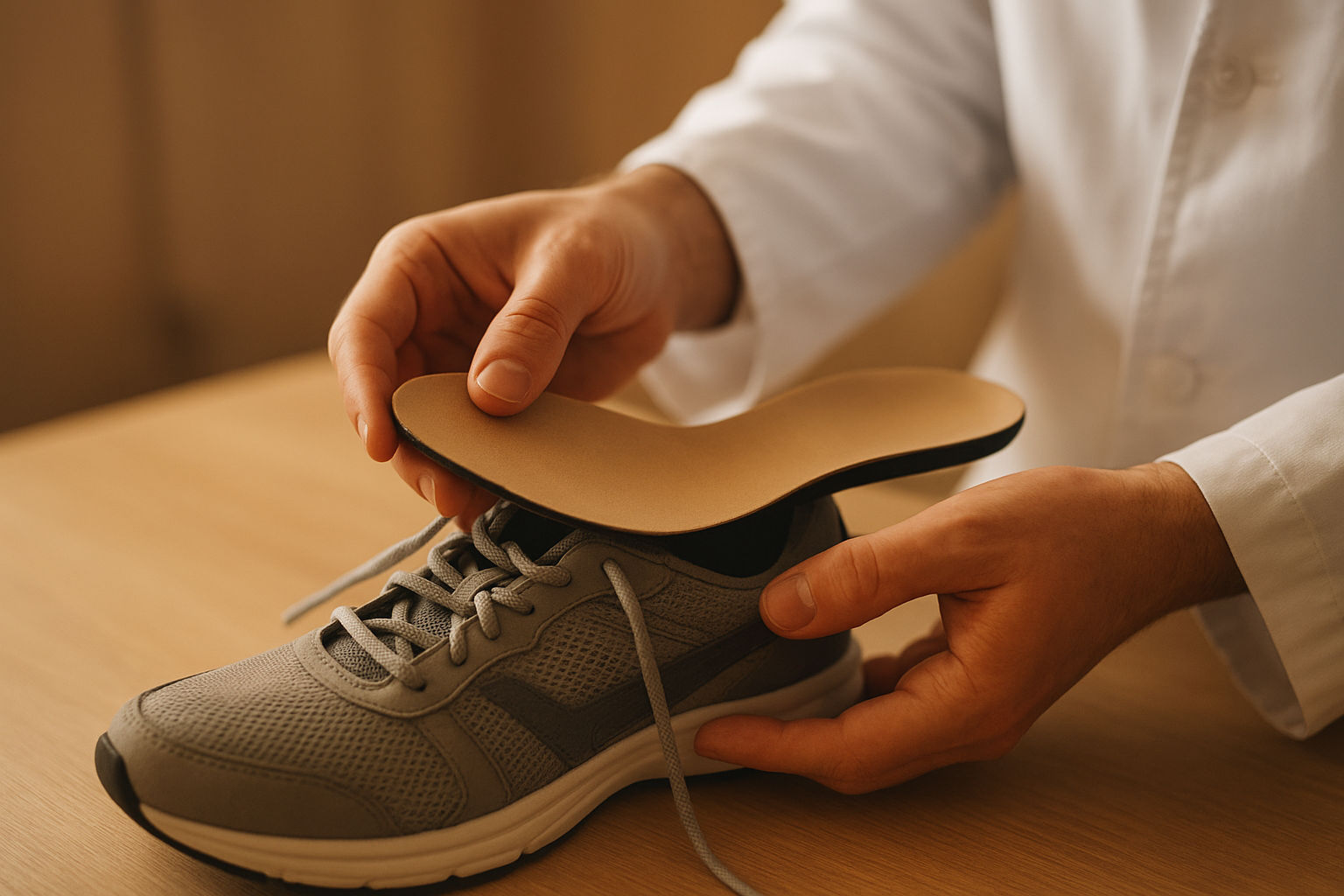 Podiatrist fitting a custom orthotic insole into a shoe for everyday comfort