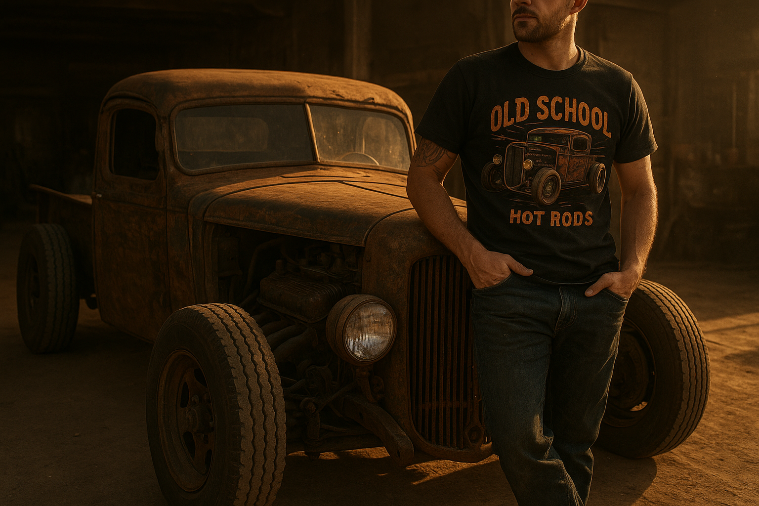 Person wearing unique rat rod apparel t-shirt beside a patina rat rod truck