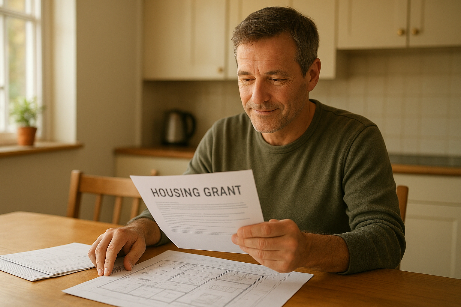 Homeowner reviewing adu grant program paperwork and blueprints at home