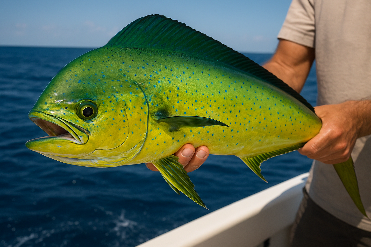 Angler holding a mahi-mahi caught during an offshore fishing charter near Myrtle Beach
