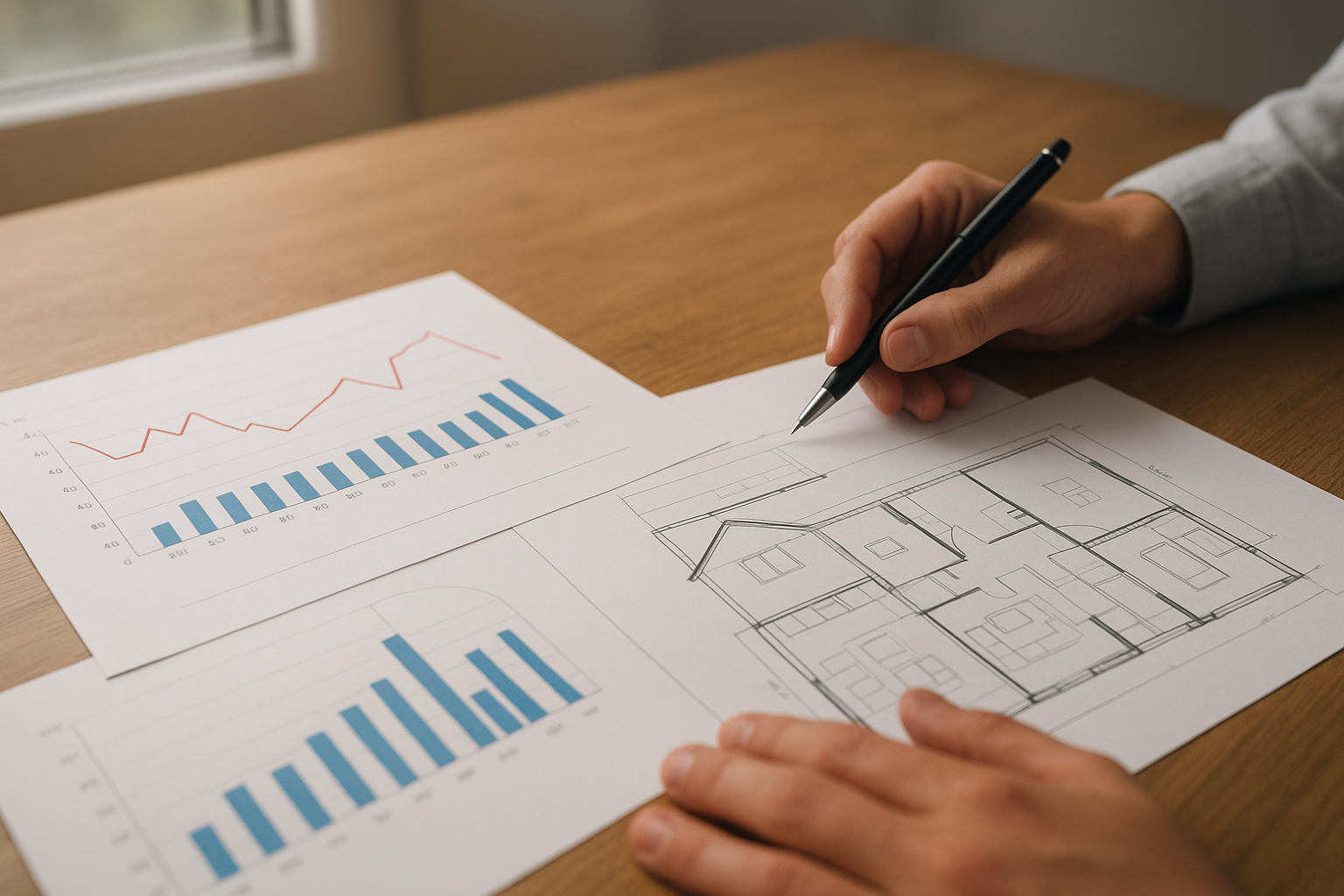 Investor reviewing financial charts and a property blueprint while planning a real estate investment strategy
