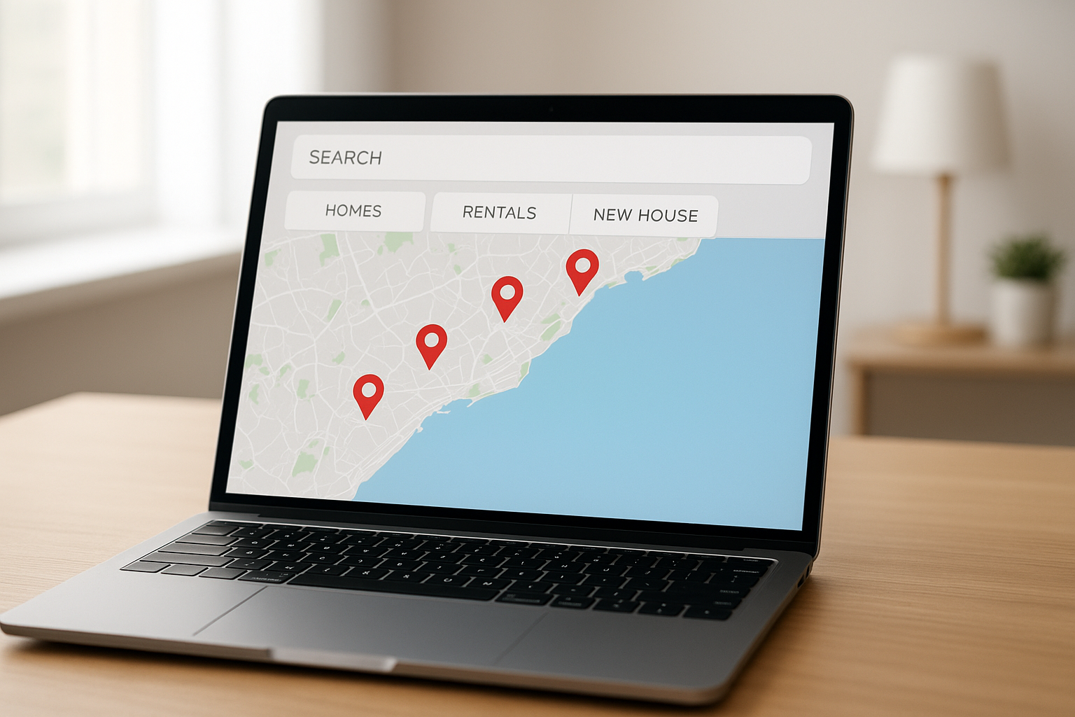 Laptop displaying a map-based search interface for Florida real estate listings