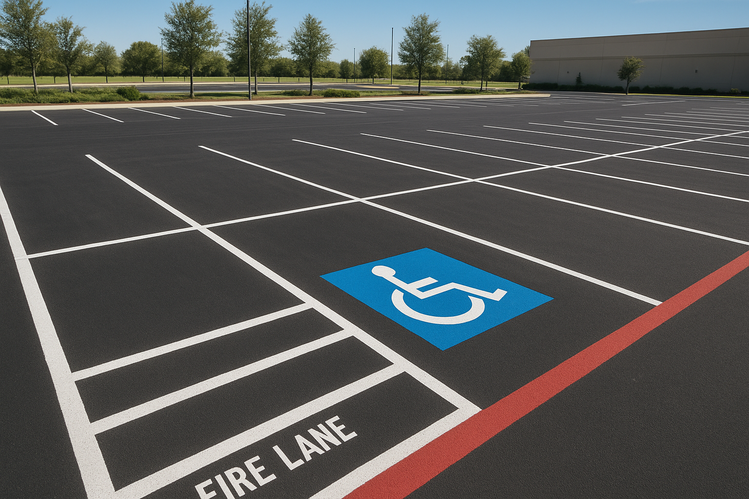 Denton parking lot compliance services crew striping accessible stalls and fire lane curbing