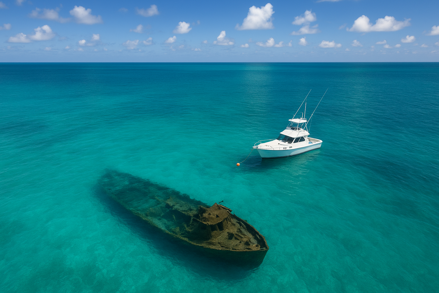 Aerial view of a charter boat fishing an offshore wreck site along the South Carolina coast