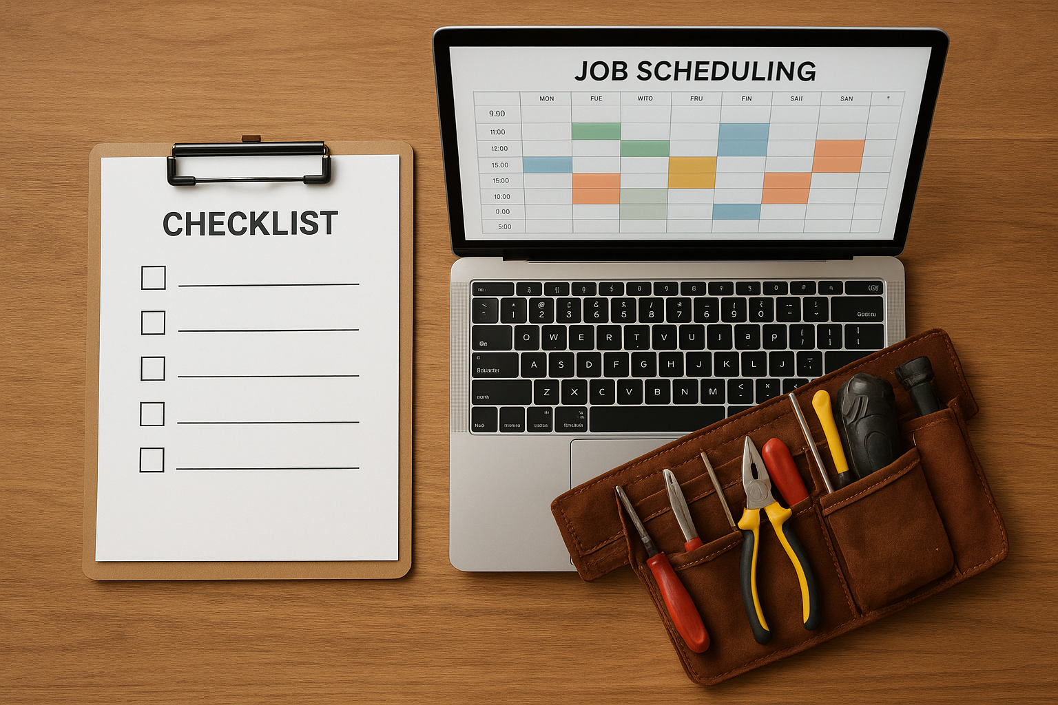 Checklist and laptop used to evaluate field service management software before choosing a platform
