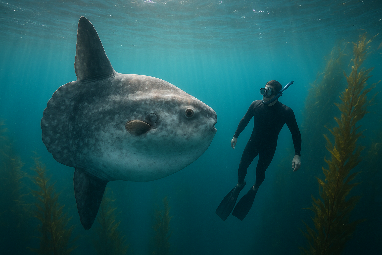 Snorkeler observing an ocean sunfish during a San Diego summer snorkel excursion