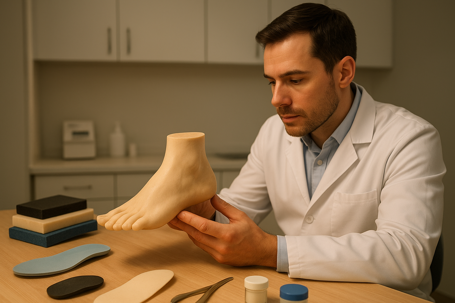 Podiatrist examining a custom foot mold used in orthotic treatment for foot stress