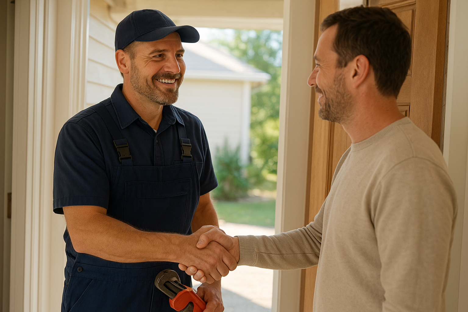 Plumber building trust with a homeowner after a successful service call