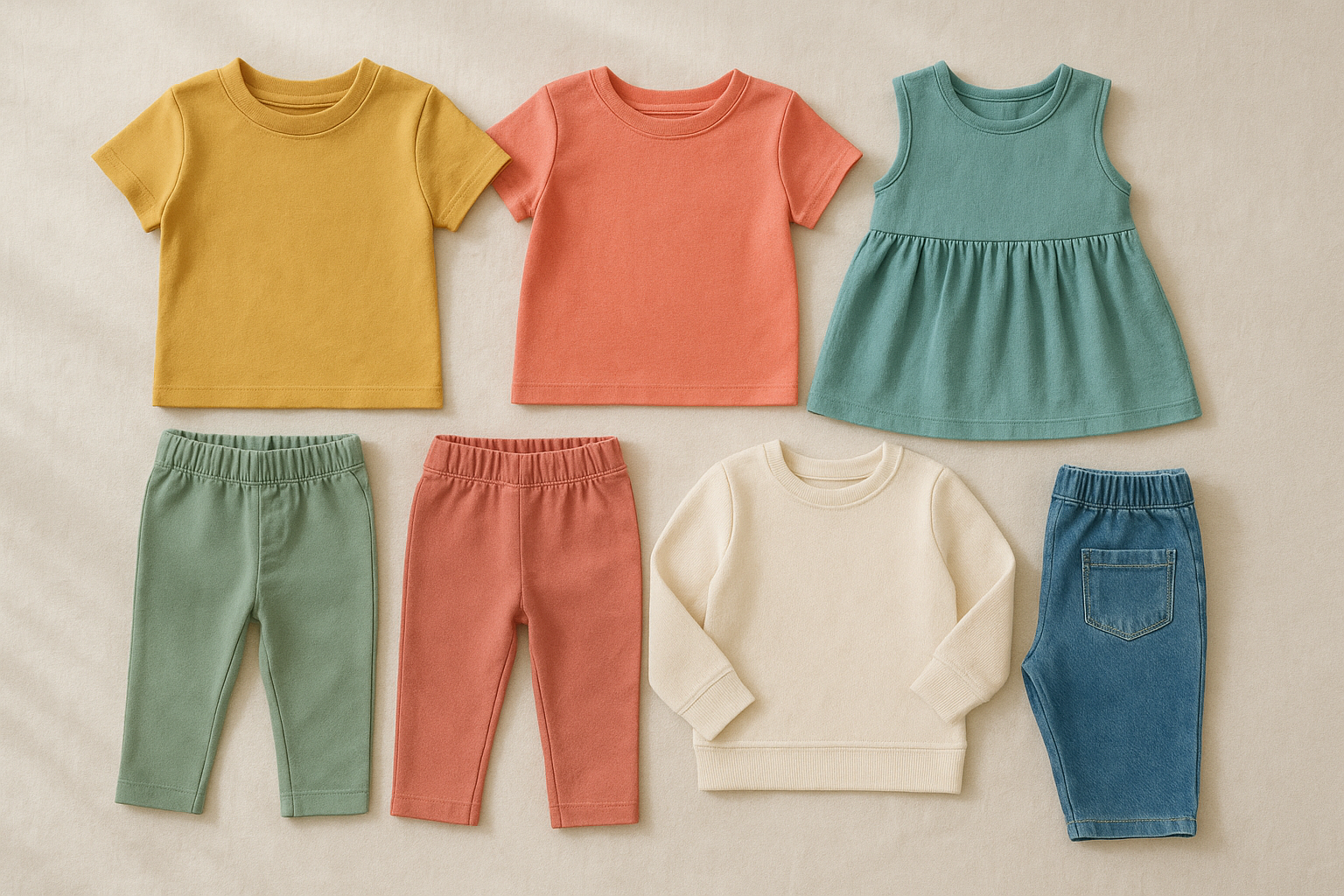 Curated bundle of modern kids clothing rental outfits laid out on a cream background