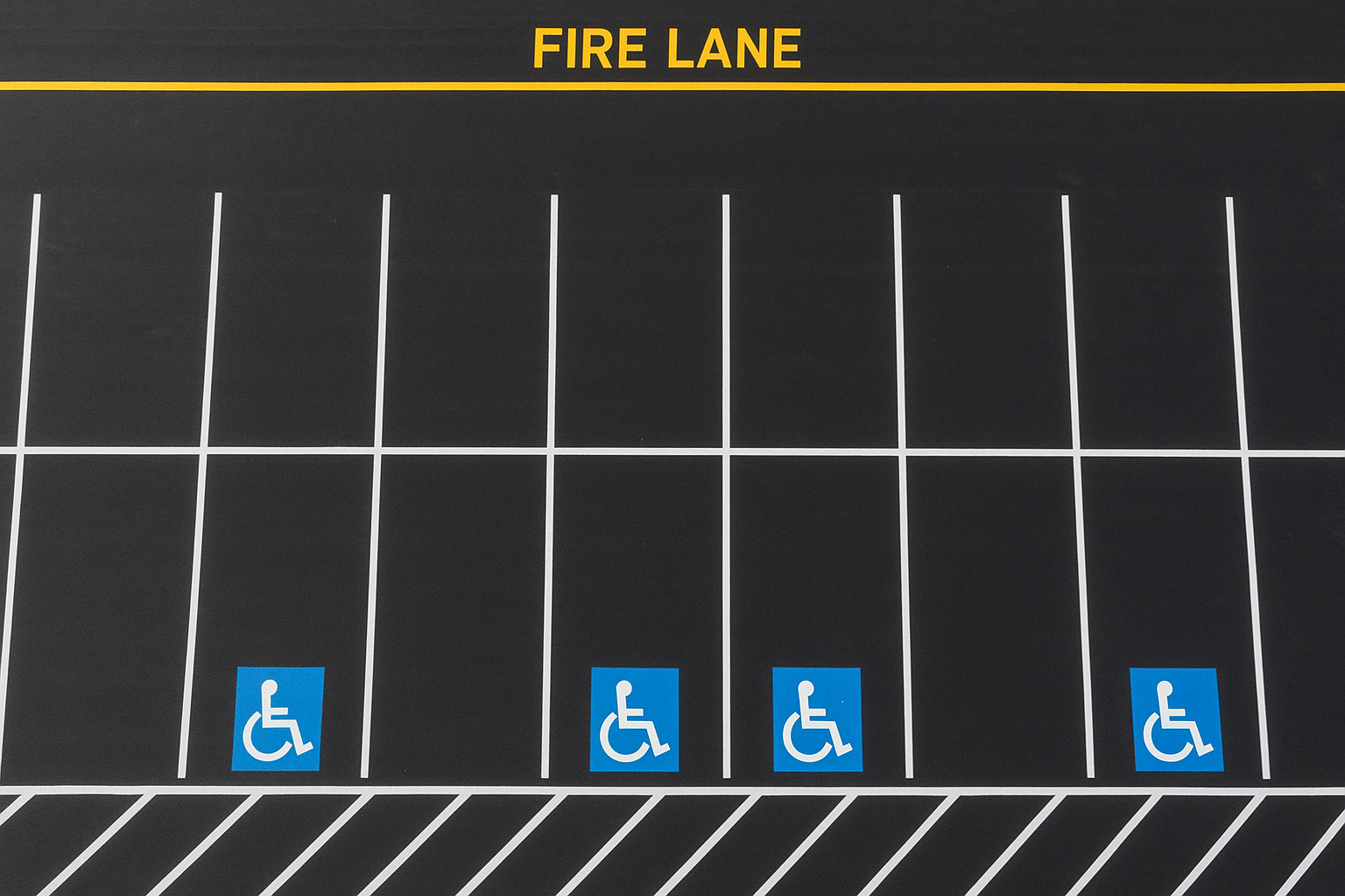 Aerial view of a quality pavement markings parking lot with white stall lines and ADA symbols