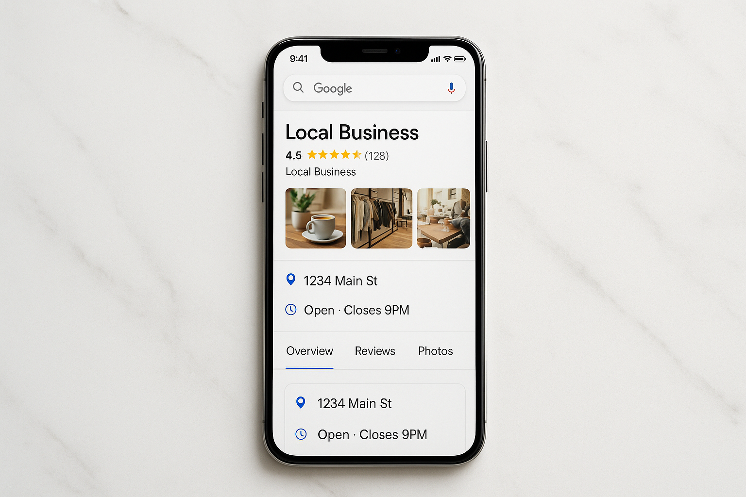 Google GMB profile displayed on a smartphone in Google Maps with star ratings and business details