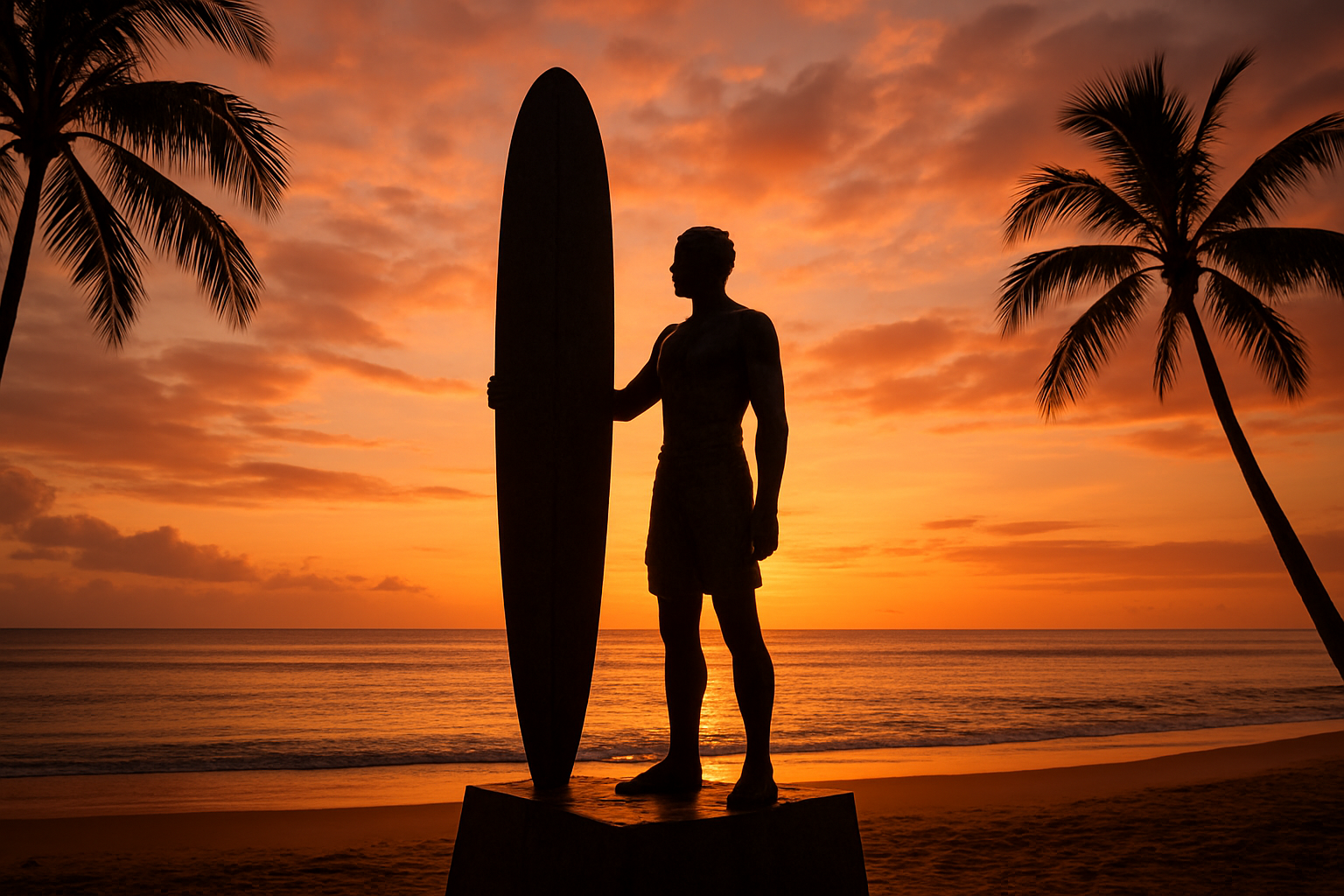 Bronze surfer statue on a Hawaiian beach at sunset honoring the cultural history of surfing in Hawaii