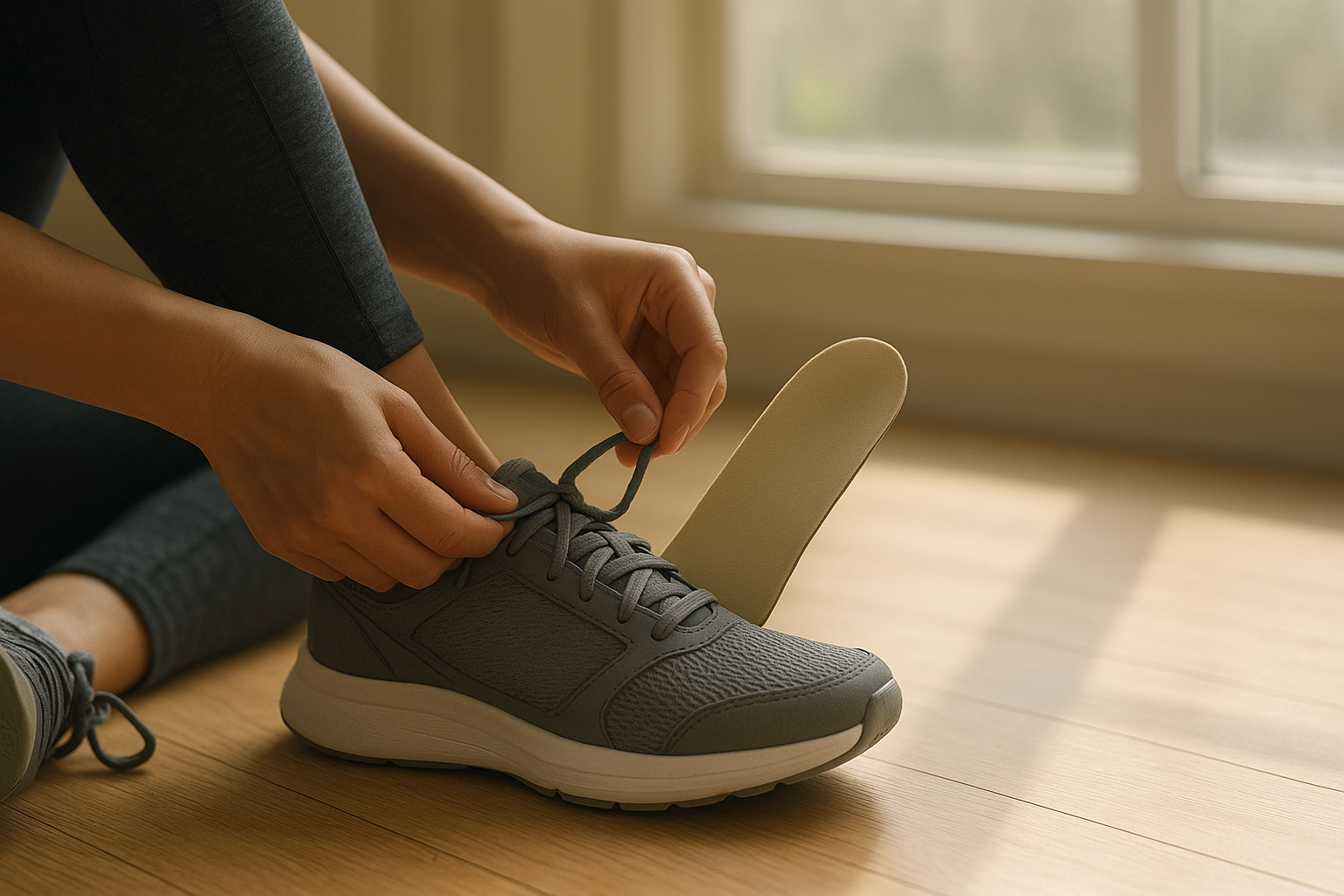 Person fitting a custom orthotic insole into an athletic shoe before walking