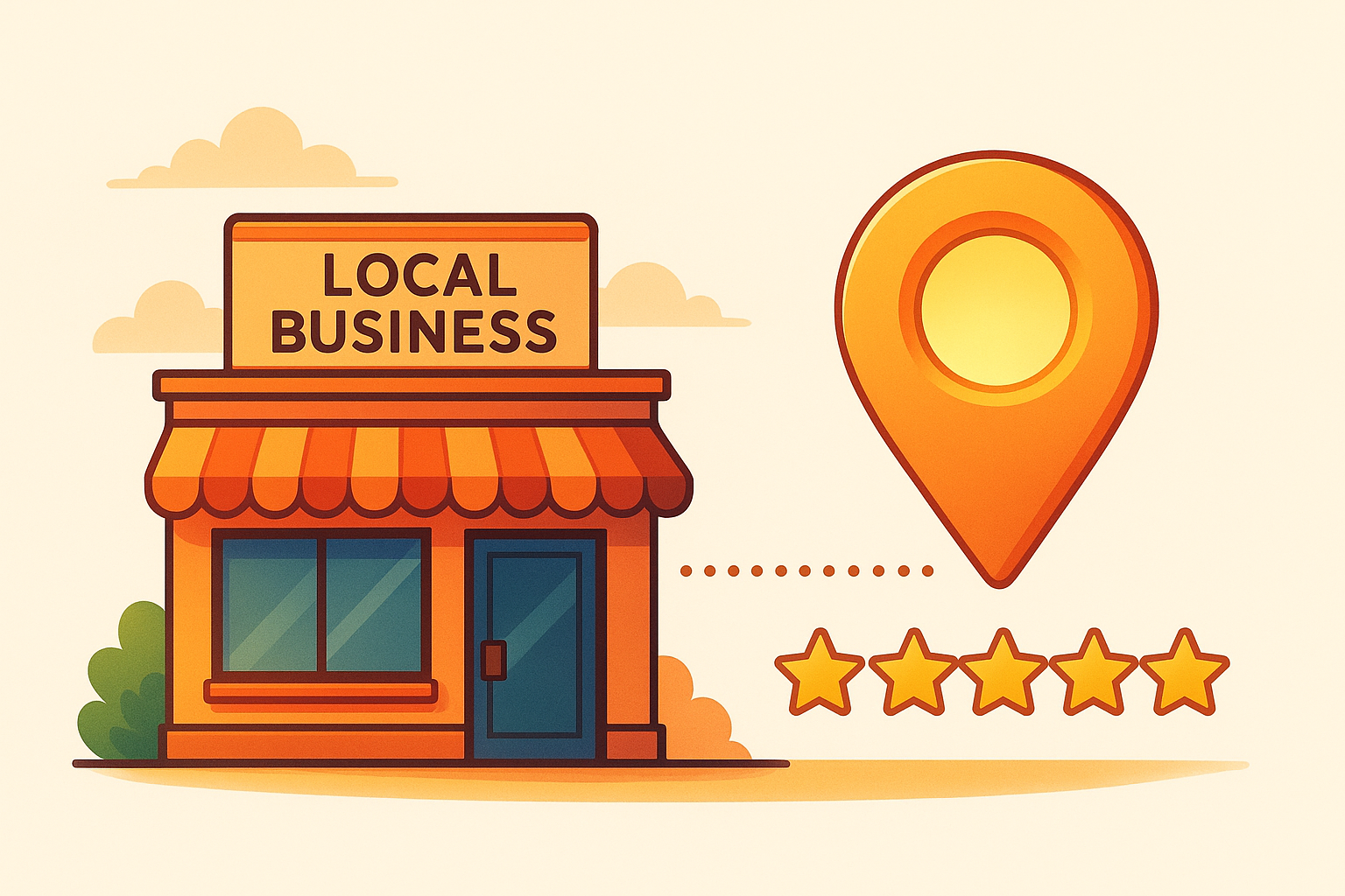 Local business storefront connected to a five-star Google Maps pin illustrating the impact of Google GMB optimization